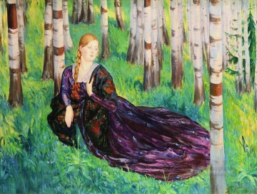 en el bosque de abedules Boris Mikhailovich Kustodiev hermosa mujer dama Pinturas al óleo